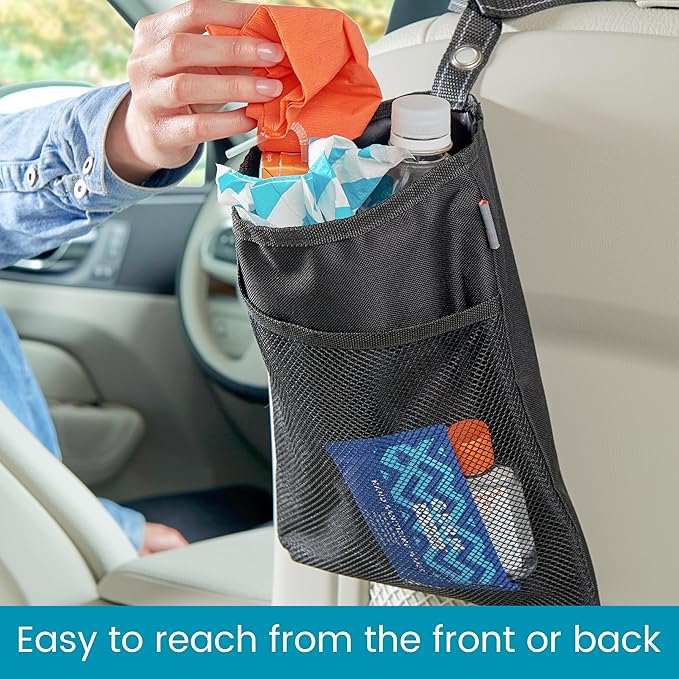 High Road TrimTrash Hanging Car Garbage Bag - Slim and Leakproof Car Trash Bag with Magnetic Closure and Storage Pocket - Attaches to Seat, Glovebox or Console