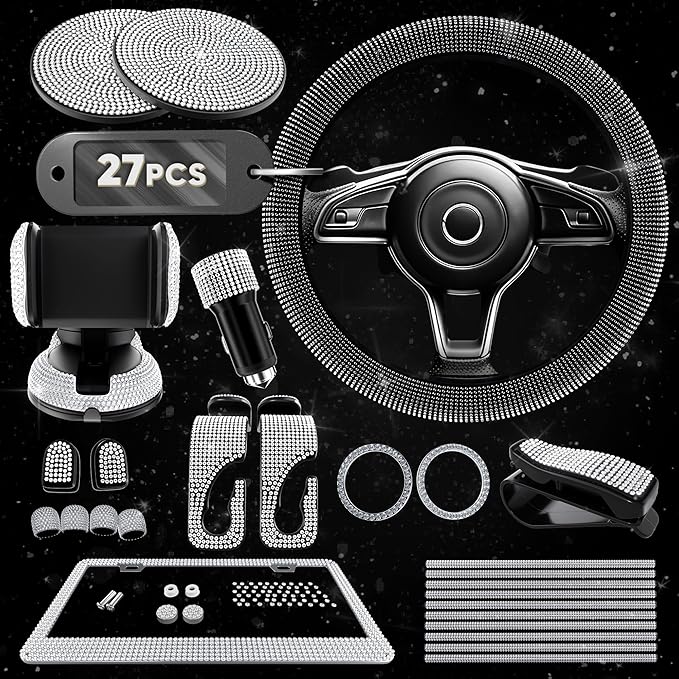 Bling Car Accessories Set 27 Pieces – Silver Steering Wheel Cover, Diamond License Plate Frame, Rhinestone Interior Car Decor, Cup Holders, Hooks, Universal Fit, Great Gift for Auto Lovers