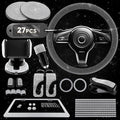 Bling Car Accessories Set 27 Pieces – Silver Steering Wheel Cover, Diamond License Plate Frame, Rhinestone Interior Car Decor, Cup Holders, Hooks, Universal Fit, Great Gift for Auto Lovers