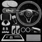 Bling Car Accessories Set 27 Pieces – Silver Steering Wheel Cover, Diamond License Plate Frame, Rhinestone Interior Car Decor, Cup Holders, Hooks, Universal Fit, Great Gift for Auto Lovers
