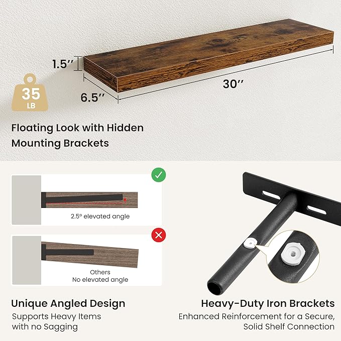 Fun Memories Floating Shelves for Wall, Rustic Wood Wall Mounted Shelves for Bathroom, Bedroom, Living Room and Kitchen, Stor