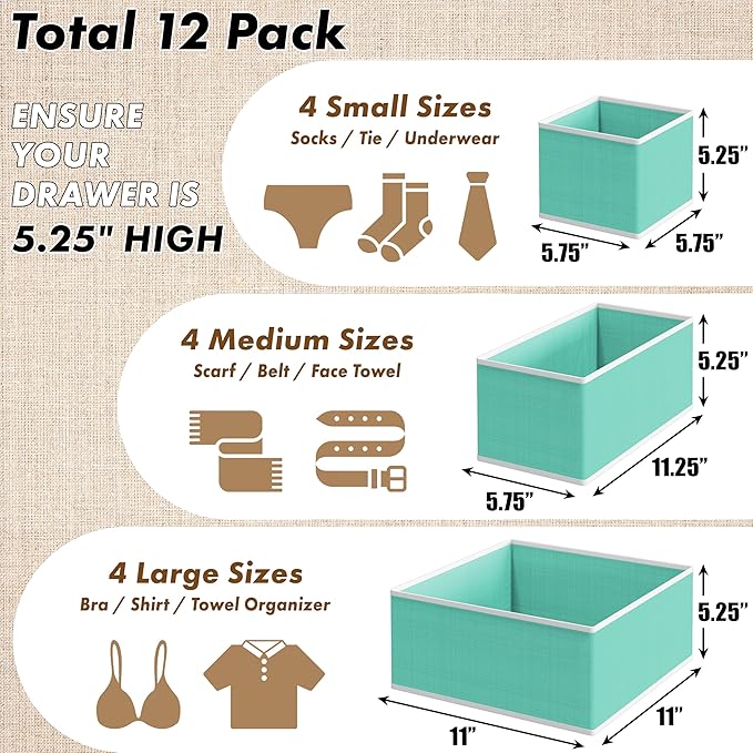 SIMPLE HOUSEWARE Foldable Drawer Organizer for Clothes/Underwear/Panty/Onesie Stocking Bin, Set of 12, Turquoise