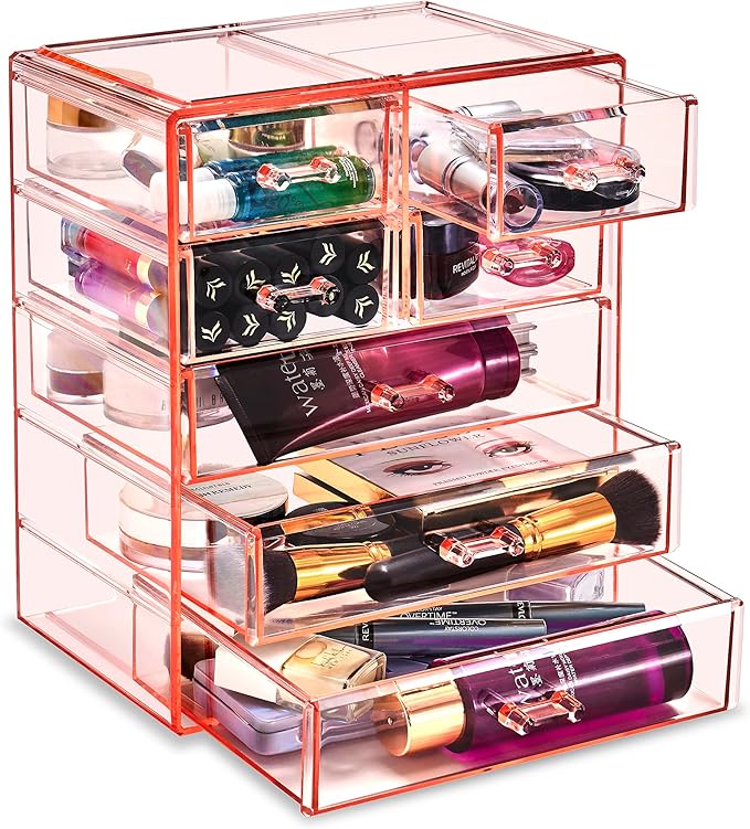 Sorbus Acrylic Makeup Organizer Set, 7-Drawer Vanity & Countertop Cosmetic Storage with Small & Wide Drawers, Pink Makeup Sto