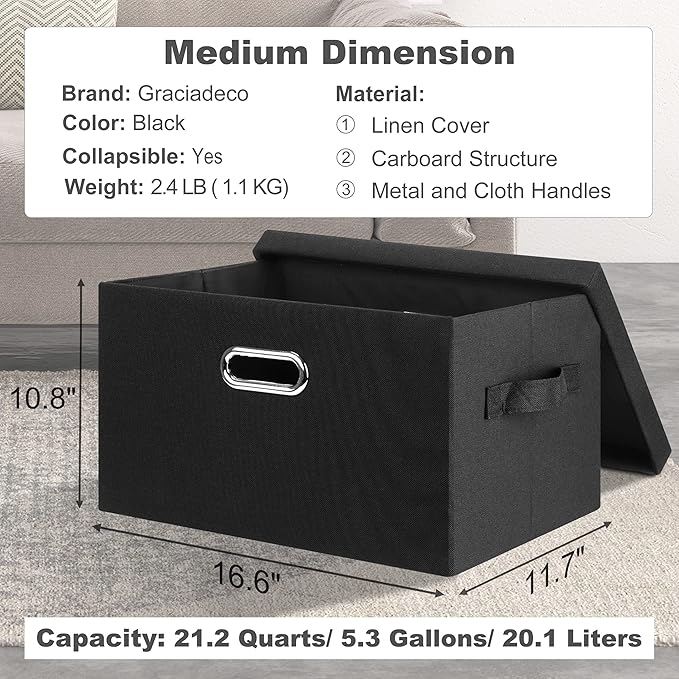 Graciadeco Medium 15" 21 Quart Collapsible Stackable Storage Bins with Lids, 5 Packs Black Foldable Fabric Closet Storage Box