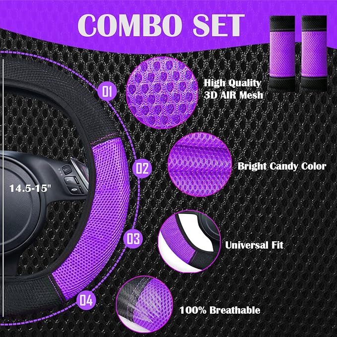 CAR PASS Universal 13PCS 3D Air Mesh-100% Breathable Seat Covers Full Sets, Steering Wheel, Belt Cover Airbag and Rear Split Bench Compatible for 90% Automotive SUV Truck Cute Women Black Purple