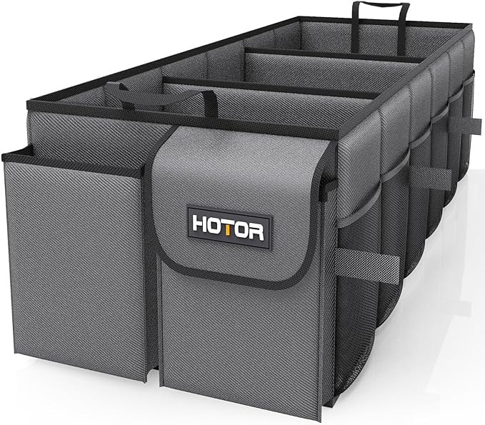 HOTOR Foldable Trunk Organizer - SUV & Sedan Compatible, 3 Compartments, Grey, 31.9x12.6x10.6 Sturdy Car Organization