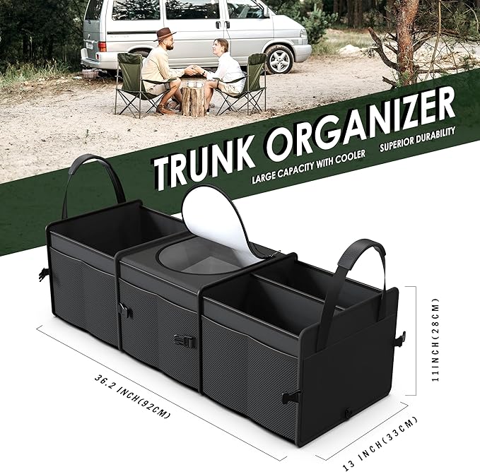 Trunk Organizer, 95L Capacity SUV Trunk Organizer with Cooler, 3 Compartments Heavy Duty Collapsible Car Storage Organizer