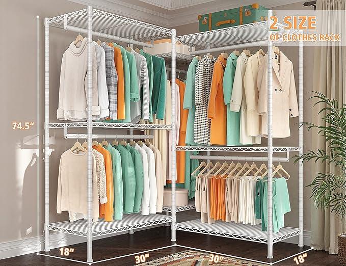 Raybee Clothes Rack, Clothing Racks for Hanging Clothes, L Shaped Clothing Rack for Corner 900LBS Heavy Duty Clothes Rack Gar