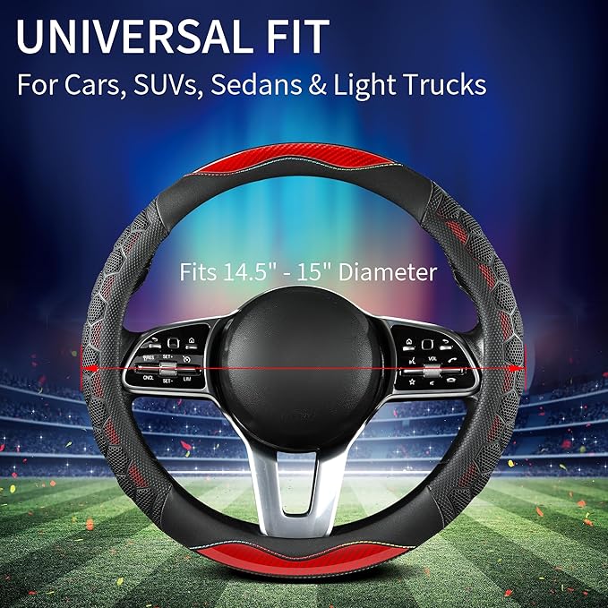 PU Leather Steering Wheel Cover 14.5-15 Inch, Carbon Fiber Style Grip, Non-Slip & Breathable, Universal for Sedan SUV Truck
