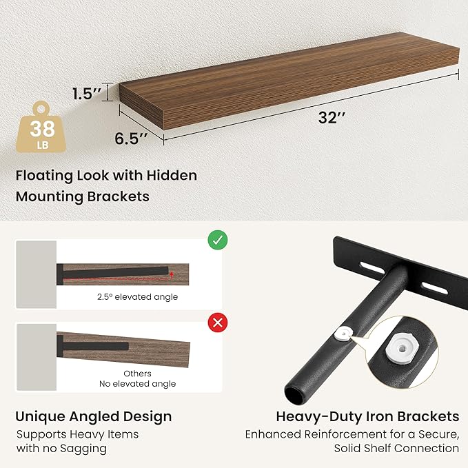 Fun Memories Rustic Wood Floating Shelves for Wall, Space-Saving Wall Mounted Shelves for Bathroom, Bedroom, Living Room and 