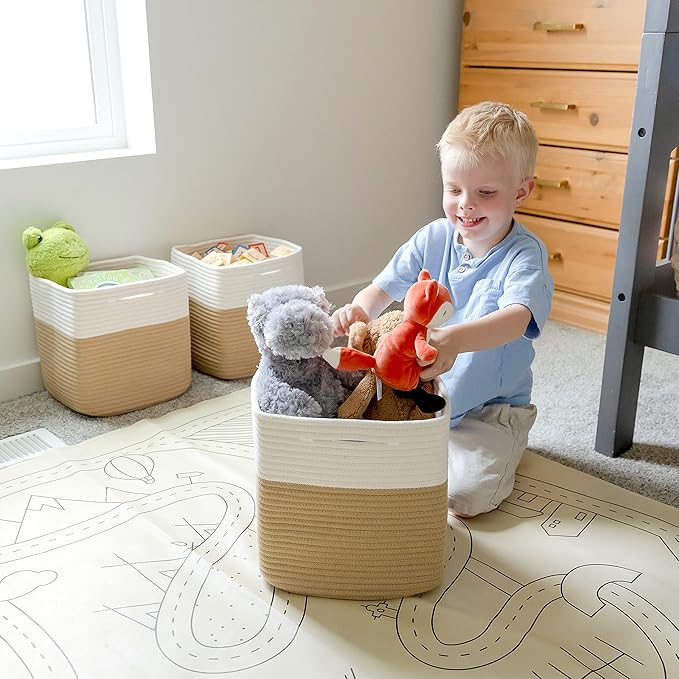 NaturalCozy Storage Cubes 11 Inch Cotton Rope Woven Baskets for Organizing, 3-Pack | Cube Storage Bin | Square Storage Basket