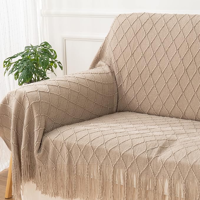 BATTILO HOME Khaki Throw Blanket, Beige Throw Blanket for Couch, End of Bed Throws Spring Decorative Large Throw Tan (Beige, 