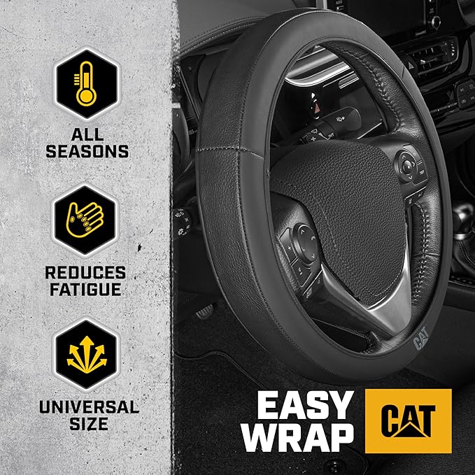 Cat® EasyWrap Faux Black Leather Steering Wheel Cover, Self Wrapping Car Steering Wheel Cover for Auto Truck Van SUV - Standard 14.5" - 15 Inches
