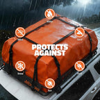 Mockins 50"x36"x4.5" Extendable Rooftop Cargo Carrier & 18 CuFt Orange Waterproof Roof Cargo Bag | 250 Lbs. Capacity Weatherproof SUV & Car Roof Rack Basket with Car Top Carrier Bag & Accessories