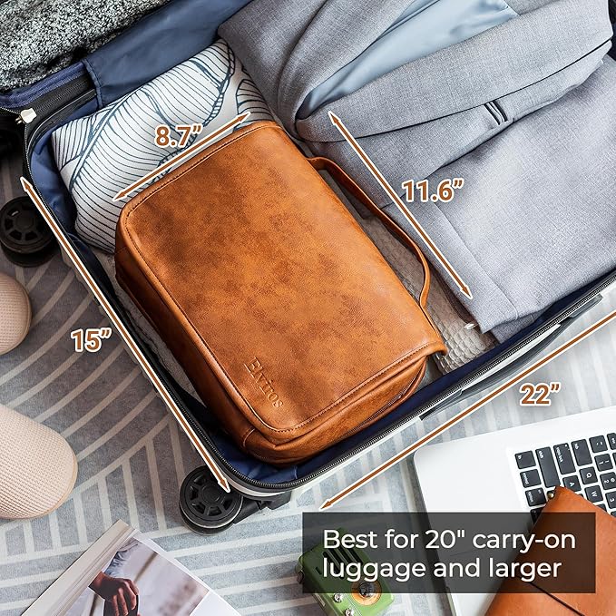 Elviros Hanging Toiletry Bag for Men Travel Essentials 3-in-1 Large Waterproof Dopp Kit PU Leather Shaving Bag with Separate 