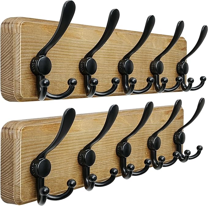 Dseap Coat Rack Wall Mount - Heavy-Duty Robust Barnwood-Style Wooden Wall Coat Hanger Hook Rail with 5 Triple Hooks for Winte