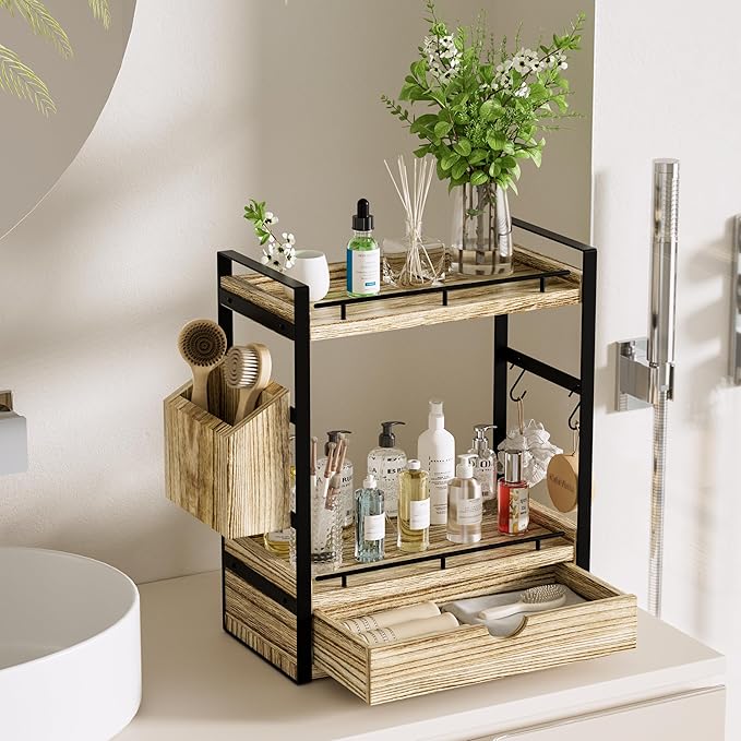2-Tier Wood Bathroom Counter Organizer, Countertop Organizer with Drawer and Storage Basket, Bathroom Sink Organizer for Vani