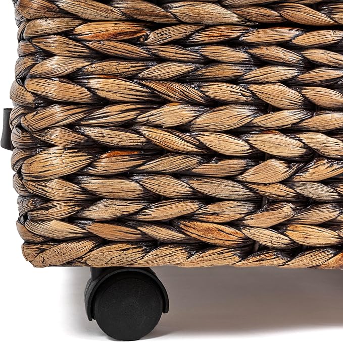 happimess BSK1006B 26.38" Chett Minimalist Hand-Woven Hyacinth/Wood Underbed Storage Bin with Wheels and Handles for Storage 