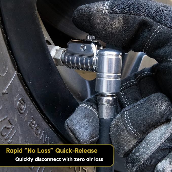 JACO Lightning L2X Quick-Connect Locking Tire Inflator Air Chuck Extension | Patented Lock-on Compressor Hose Attachment | 90 Degree Adapter (Open Flow)
