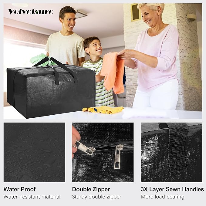6 Pack Heavy Duty Extra Large Moving Bags W/Backpack Straps - Strong Handles & Zippers, Storage Totes For Space Saving, Fold 