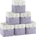 FinishingBo Large 11x11 Inch Cube Storage Bins with Cotton Handles for Closet, Shelves, Clothes, Towel (White/Purple-6 Pack)