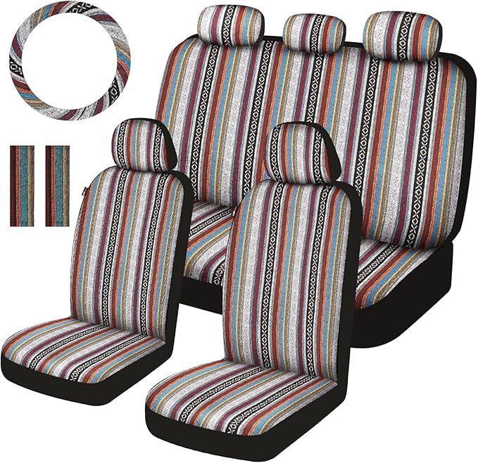 Baja Saddle Blanket Car Seat Covers Full Set with Seat Belt Pads and Steering Wheel Cover, Washable Breathable Striped Woven 