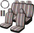 Baja Saddle Blanket Car Seat Covers Full Set with Seat Belt Pads and Steering Wheel Cover, Washable Breathable Striped Woven 