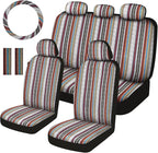 Baja Saddle Blanket Car Seat Covers Full Set with Seat Belt Pads and Steering Wheel Cover, Washable Breathable Striped Woven 