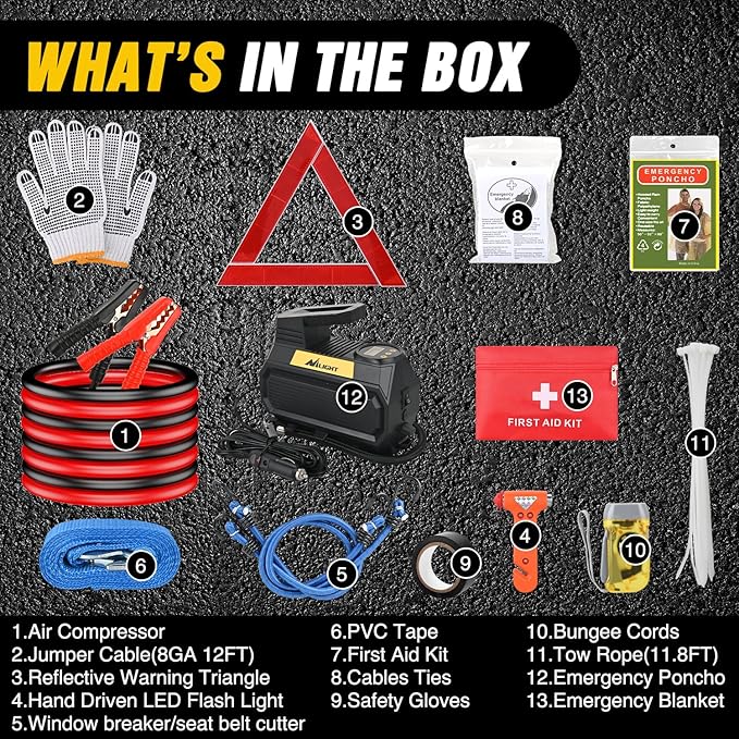 Nilight Car Emergency Kit with Jumper Cable Air Compressor Tire Repair Essential Tools First Aid Alligator Connector Electric