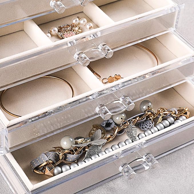 Frebeauty Extra Large Acrylic Jewelry Box for Women Girls 5 Layers Clear Velvet Earring Organizer with 5 Drawers Rings Displa