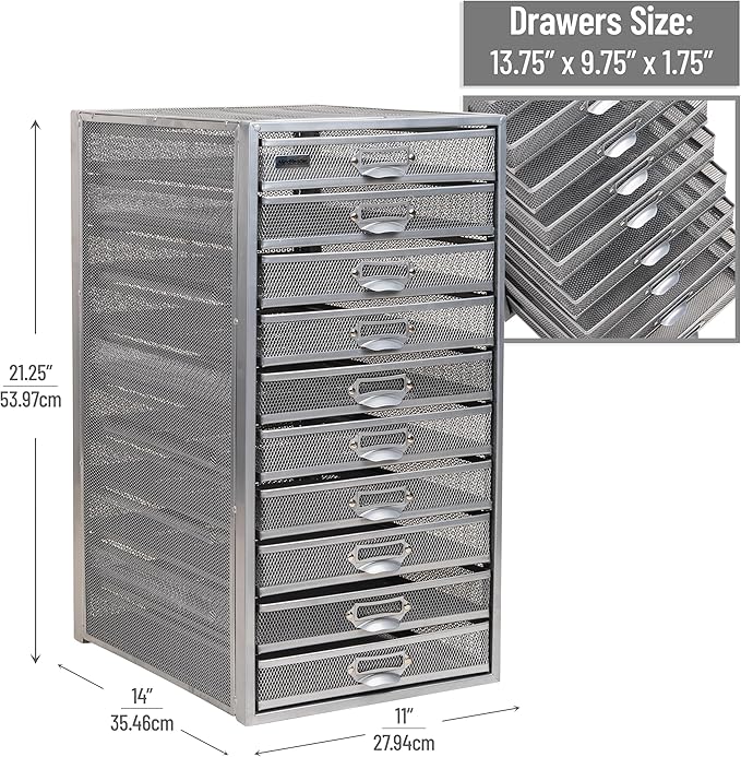 Mind Reader 10-Drawer Desk Organizer for Office Supplies, Crafts, Mail Sorting & More, Metal Mesh, 10.75"L x 14"W x 21.25"H, 