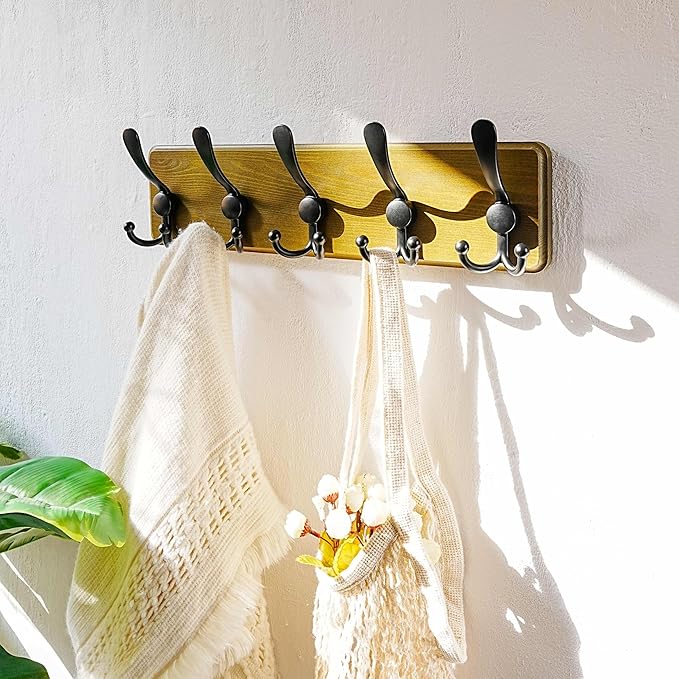 Dseap Wall Mount Coat Hanger - Heavy-Duty Robust Barnwood-Style Wooden Hook Rail with 5 Triple Hooks for Winter Coats, Hats, 