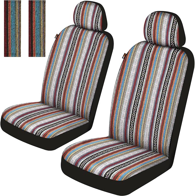 Baja Saddle Blanket Car Seat Covers Front Set with Seat Belt Pads, Washable Breathable Striped Woven Cloth Seat Covers for Ca