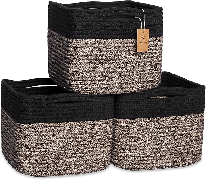 NaturalCozy Storage Cubes 9”x9”x7”Cotton Rope Woven Baskets for Organizing 3-Pack | 9 Inch Cube Storage Bin | Small Basket fo