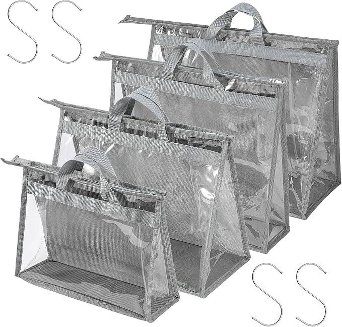 CINPIUK 4 Pack Handbag Dust Bags Clear Purse Storage Organizer for Closet, Zipper Hanging Storage Bag for Handbags, Grey