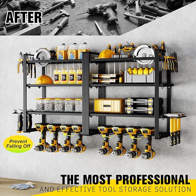 Hipidian Power Tool Organizer Wall Mount - Storage Rack with 4 Drill Holders for Drills Cordless Tools. Heavy Duty Iron Garag