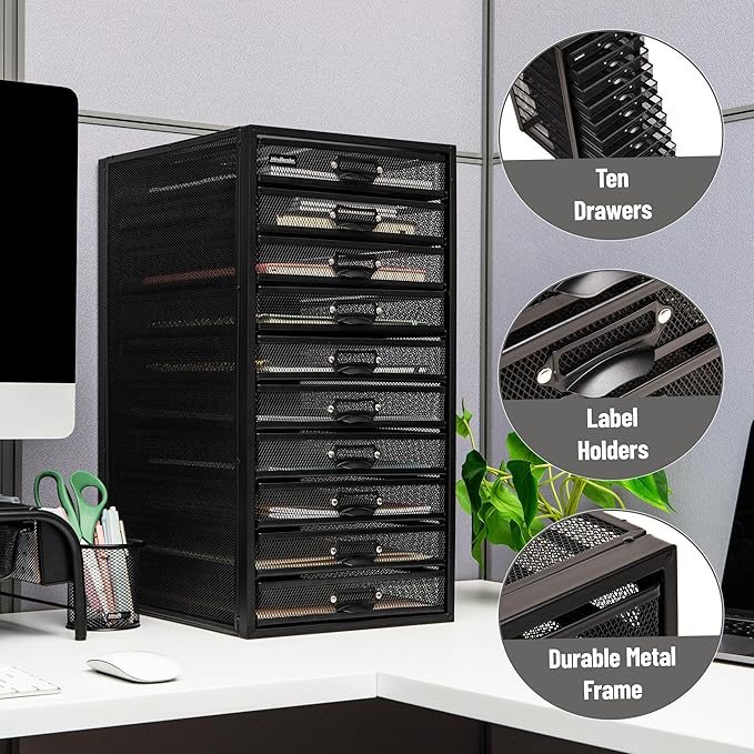 Mind Reader 10-Drawer Desk Organizer for Office Supplies, Crafts, Mail Sorting & More, Metal Mesh, 10.75"L x 14"W x 21.25"H, 