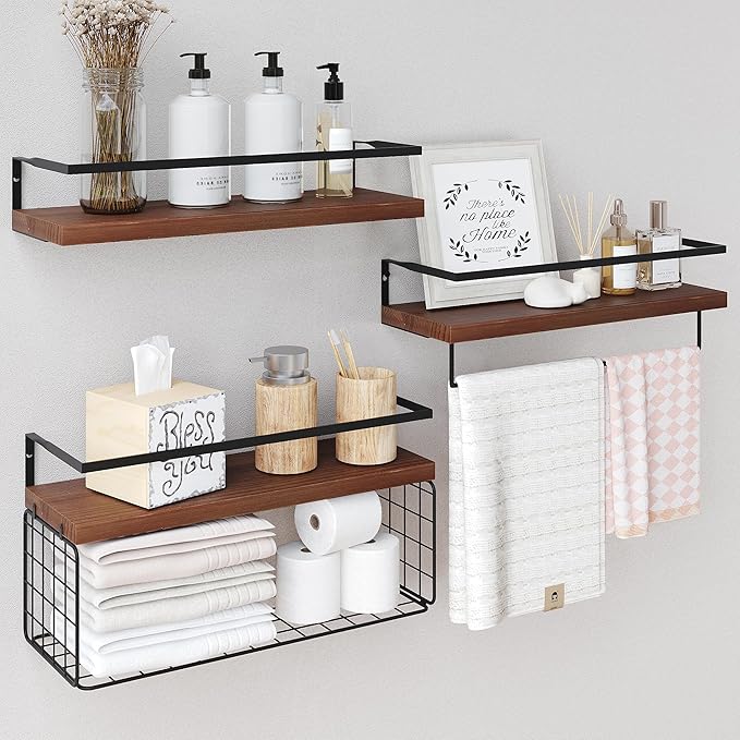 Bathroom Floating Shelves Wall Mounted - 3+1 Tier Rustic Wooden Bathroom Wall Shelves Over Toilet with Wire Storage Basket&To