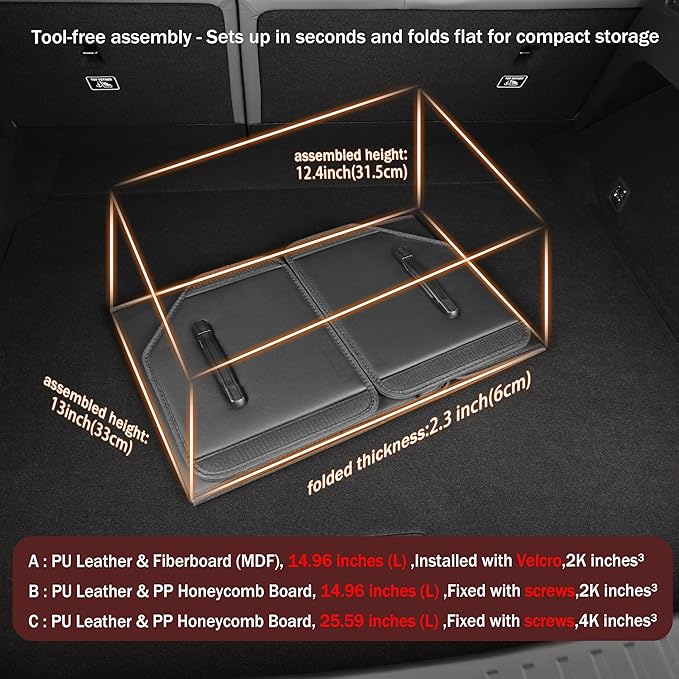 Trunk Organizer,car organizers and storage,black Leather Storage Box with lid,Fiberboard,Collapsible,15''L x 13''W x 12.4''H,2K