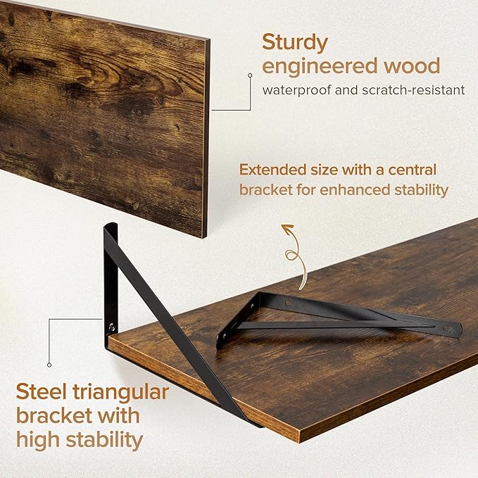 Deep Floating Shelves Wall Mounted, 55"x12" Brown Wood Shelves with Brackets Set of 2 for Bedroom, Living Room, Bathroom, Kit
