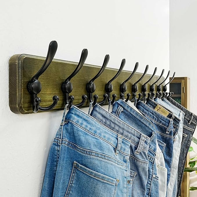Dseap Coat Rack Wall - Heavy-Duty 38-1/4" Long, with Reinforced 10 Custom Tri-Hooks, Solid Wood Wall Hanger for Coats Hat Jac