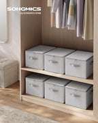 SONGMICS Foldable Storage Organizer Boxes, Set of 3 Storage Basket Bins with Lids, Handles, Clothes Organizer, 15.7 x 11.8 x 