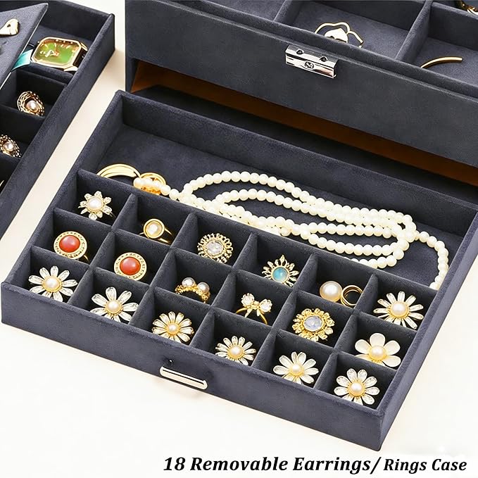QBestry 3-Layer Jewelry Box for Women with Lock and Key & Drawer, Large Jewelry Organizer with 8 Necklace Hooks & 56 Earring 