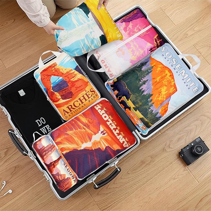 Compression Packing Cubes for Travel, 6 Set National Park Luggage Organizers, Lightweight Waterproof Expandable/Compression B