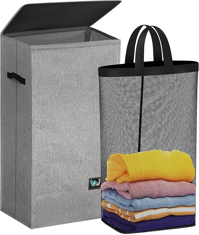 WTREE Laundry Hamper with Lid, Reinforced Sturdy Clothes Hamper with Anti-Puncture Base, Large Collapsible Laundry Basket wit