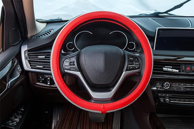 New Diamond Leather Steering Wheel Cover with Bling Bling Crystal Rhinestones, Universal Fit 15 Inch Car Wheel Protector for 