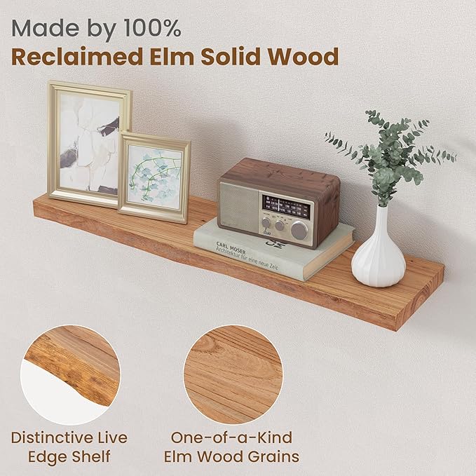 Floating Shelves for Wall Decor, Rustic Solid Elm Wood Live Edge Floating Shelves Wall Mounted, Wall Shelves with Invisible B