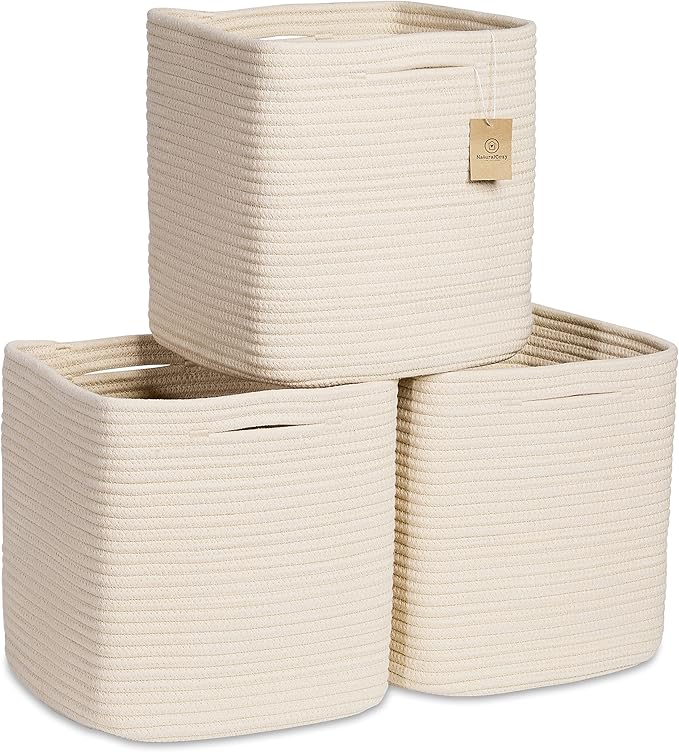 NaturalCozy Storage Cubes 11 Inch Cotton Rope Woven Baskets for Organizing, 3-Pack | Cube Storage Bin | Square Storage Basket