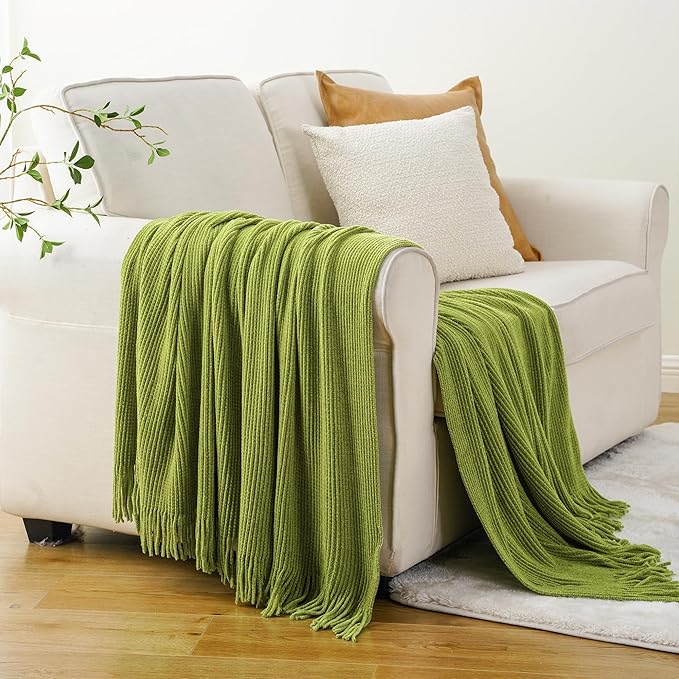 BATTILO HOME Apple Green Throw Blanket for Couch, Soft Chenille Knit Throws with Tassels for Home Decor, Spring Green Throws 