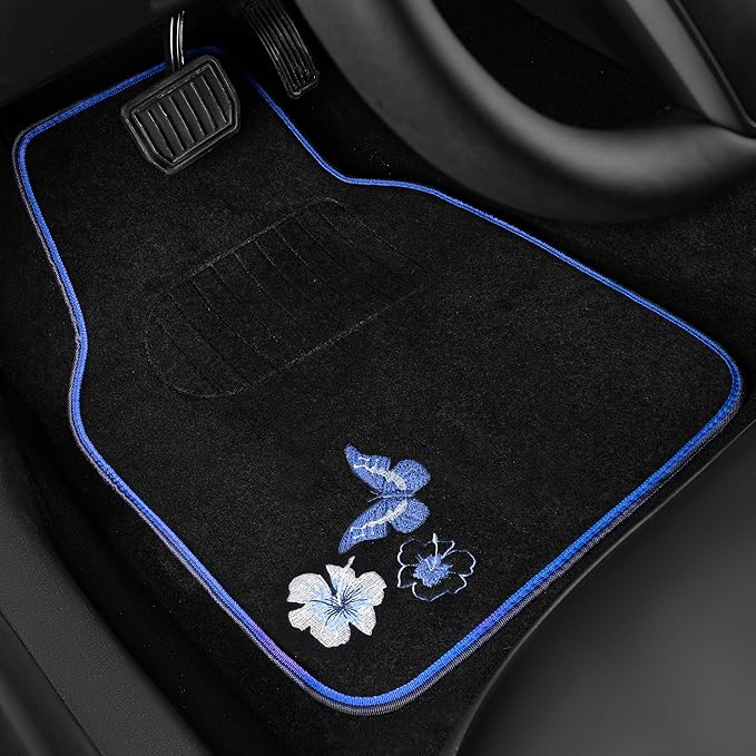 CAR PASS Universal Fit Embroidery Butterfly and Flower Car Floor Mats, Blue Car Floor Mats Fit 95% Automotive,SUVS,Sedan,Vans